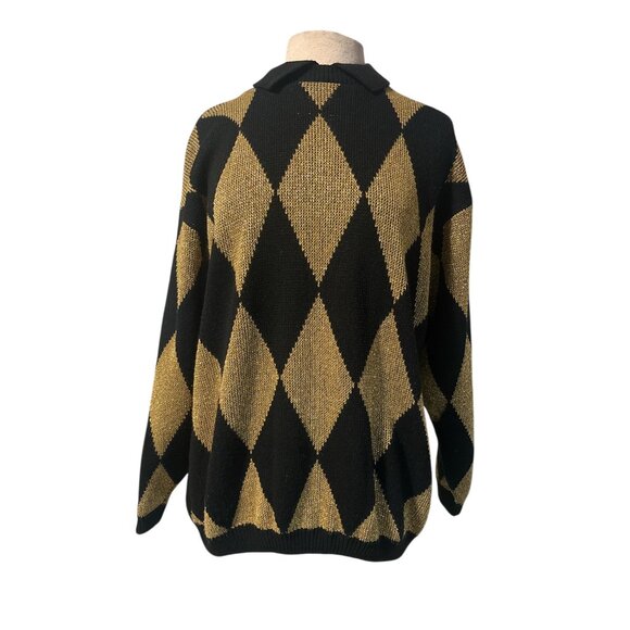 Vintage Alfred Dunner Black & Gold Argyle Knit Sweater | Made in USA | XL | Lure - Picture 2 of 11